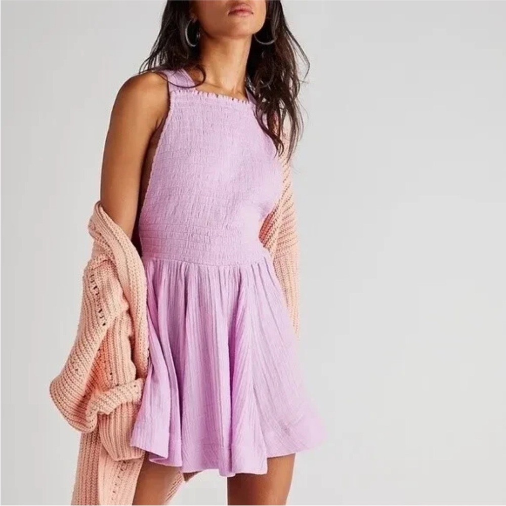 Free People Leonie Mini Dress‎ Pink Smocked Sleeveless Tie Tiered XS